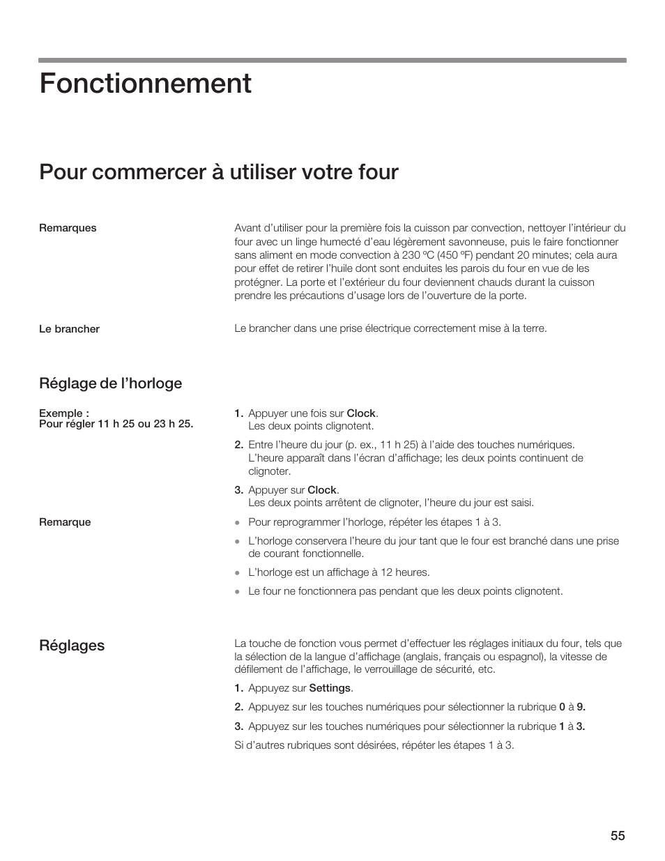 Fonctionnement, Pour commercer à utiliser votre four, Réglage de l'horloge | Réglages | Thermador MCES User Manual | Page 55 / 136