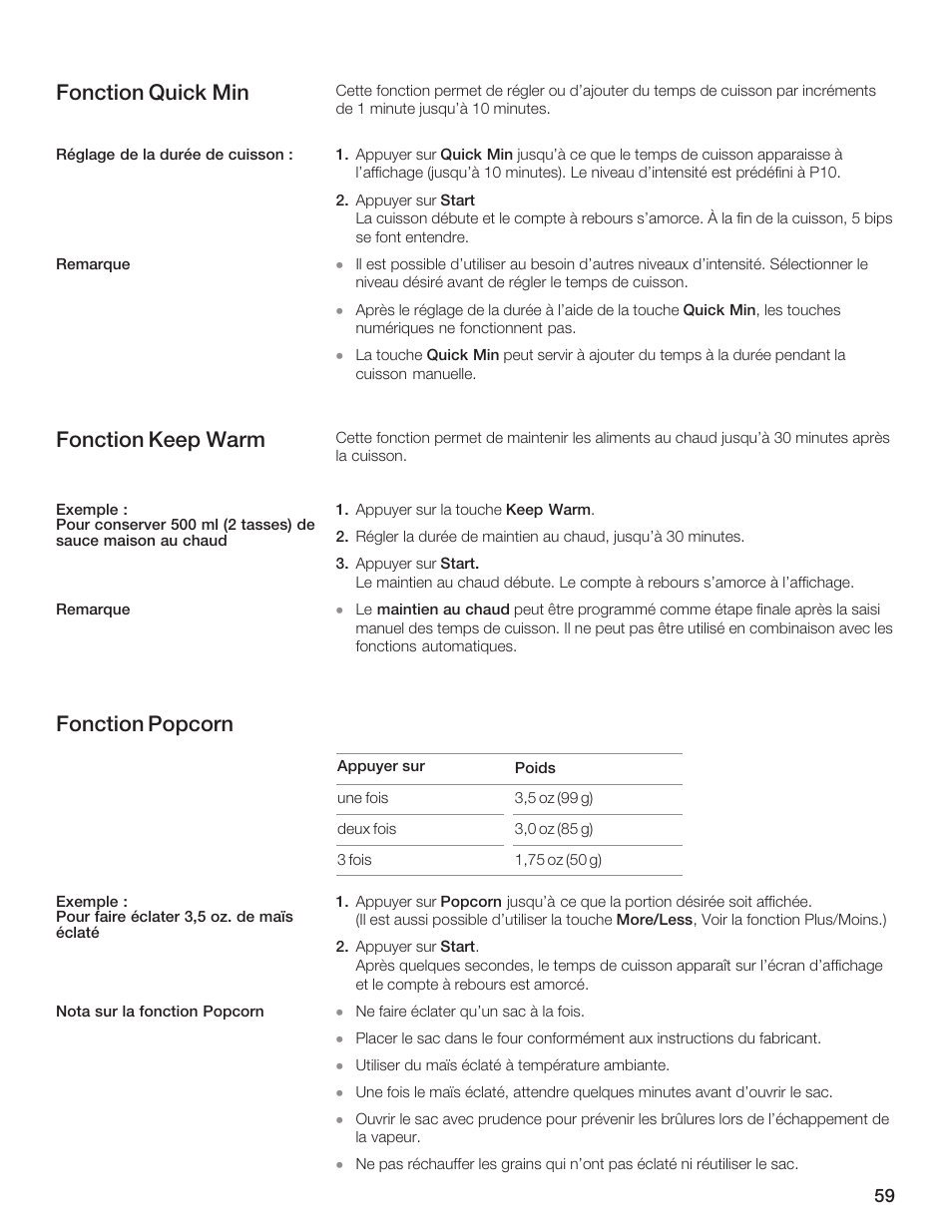 Fonction quick min, Fonction keep warm, Fonction popcorn | Thermador MCES User Manual | Page 59 / 136