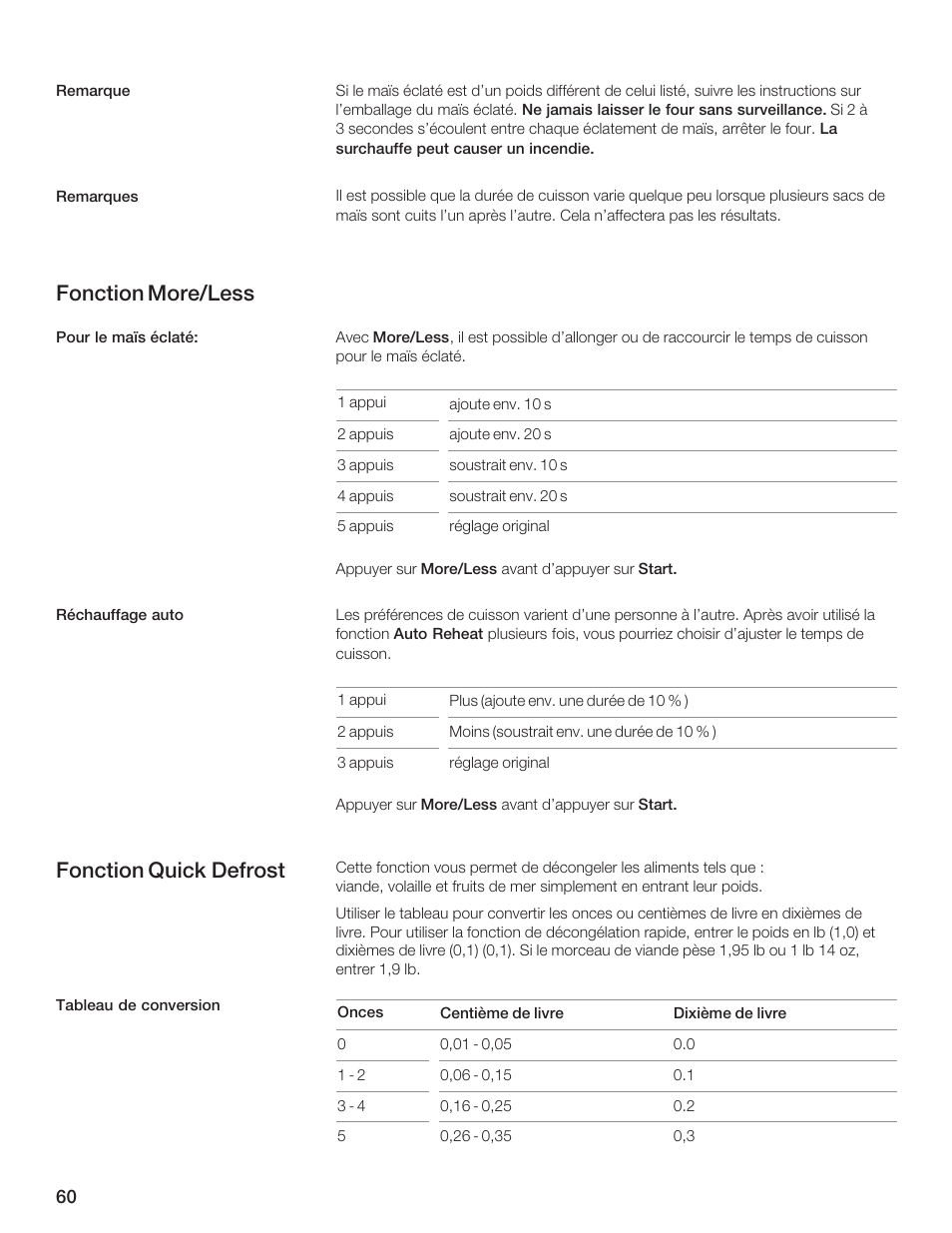 Fonction more/less, Fonction quick defrost | Thermador MCES User Manual | Page 60 / 136