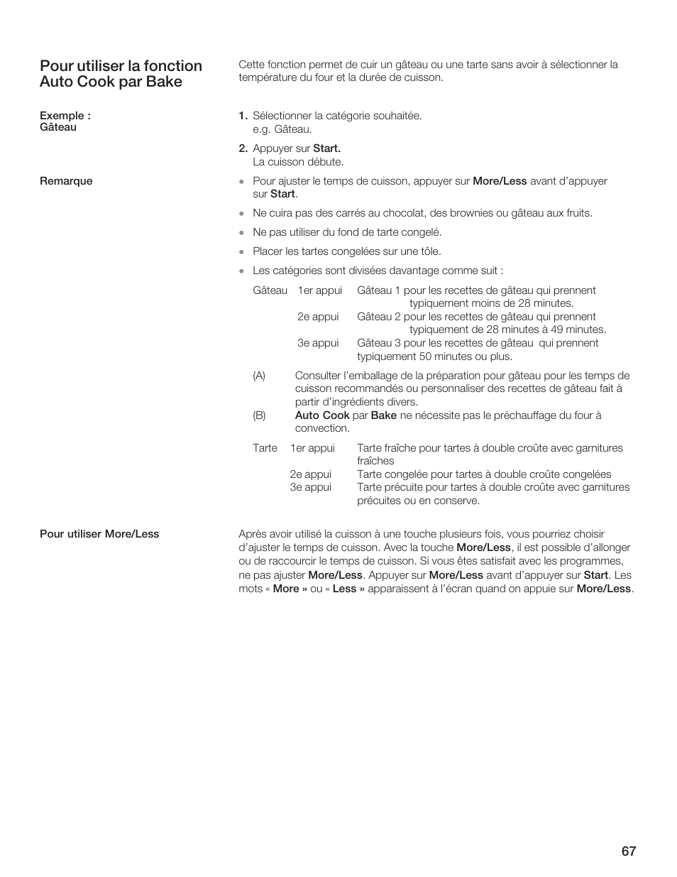 Pour utiliser la fonction auto cook par bake | Thermador MCES User Manual | Page 67 / 136