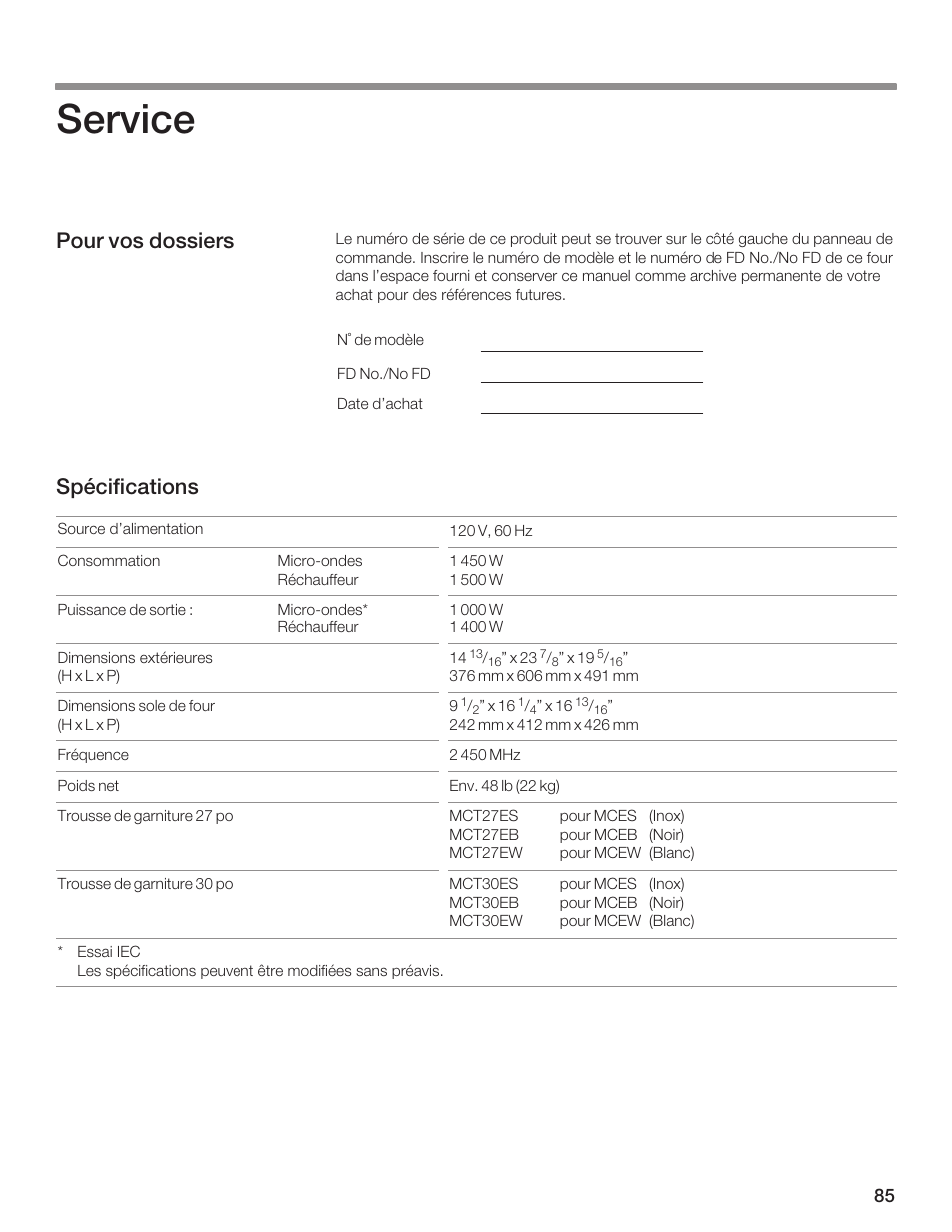 Service, Pour vos dossiers spécifications | Thermador MCES User Manual | Page 85 / 136