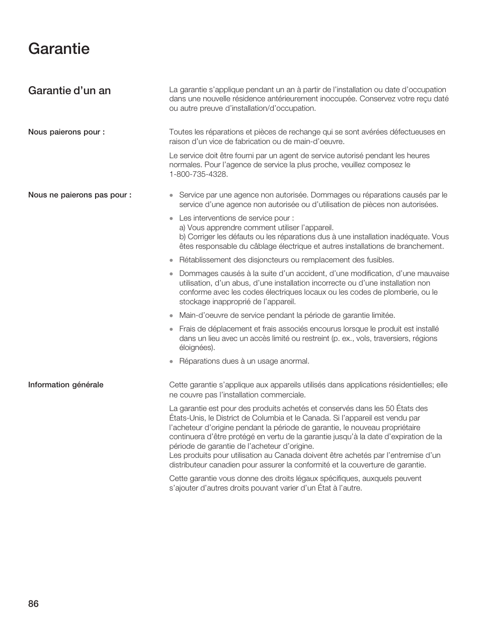 Garantie, Garantie d'un an | Thermador MCES User Manual | Page 86 / 136