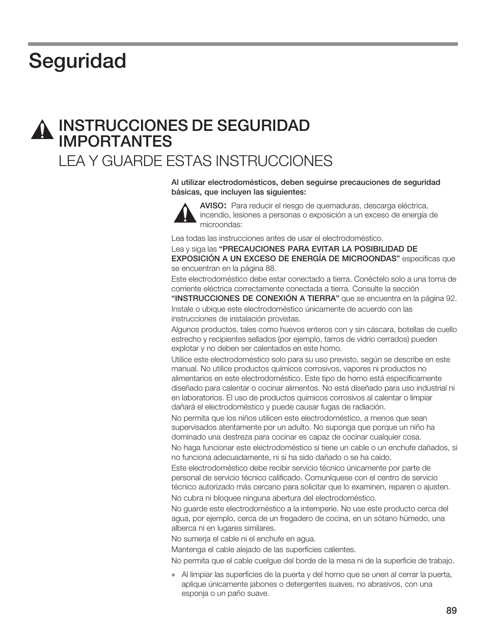 Seguridad, Instrucciones de seguridad importantes, Lea y guarde estas instrucciones | Thermador MCES User Manual | Page 89 / 136