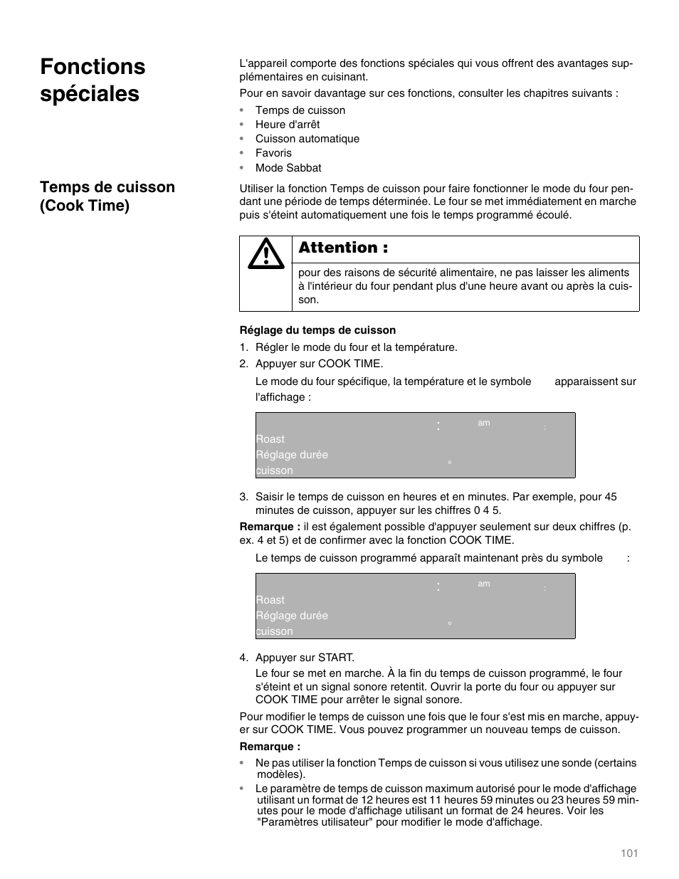 Fonctions spéciales, Temps de cuisson, Heure d'arrêt | Cuisson automatique, Favoris, Mode sabbat, Temps de cuisson (cook time), Attention, Qq ep | Thermador M301E User Manual | Page 101 / 128