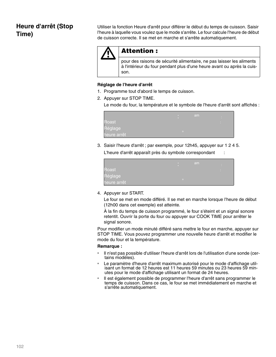 Heure d'arrêt (stop time), Attention, Qq ep | Thermador M301E User Manual | Page 102 / 128