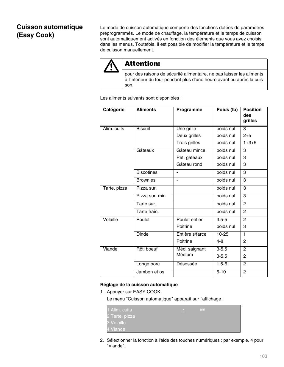 Cuisson automatique (easy cook), Attention, Les aliments suivants sont disponibles | Alim. cuits, Biscuit, Une grille, Deux grilles, Trois grilles, Poids nul, Gâteaux | Thermador M301E User Manual | Page 103 / 128