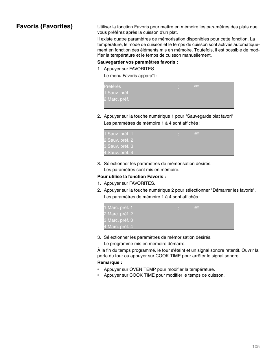 Favoris (favorites), Appuyer sur oven temp pour modifier la température, Qq ep | Thermador M301E User Manual | Page 105 / 128