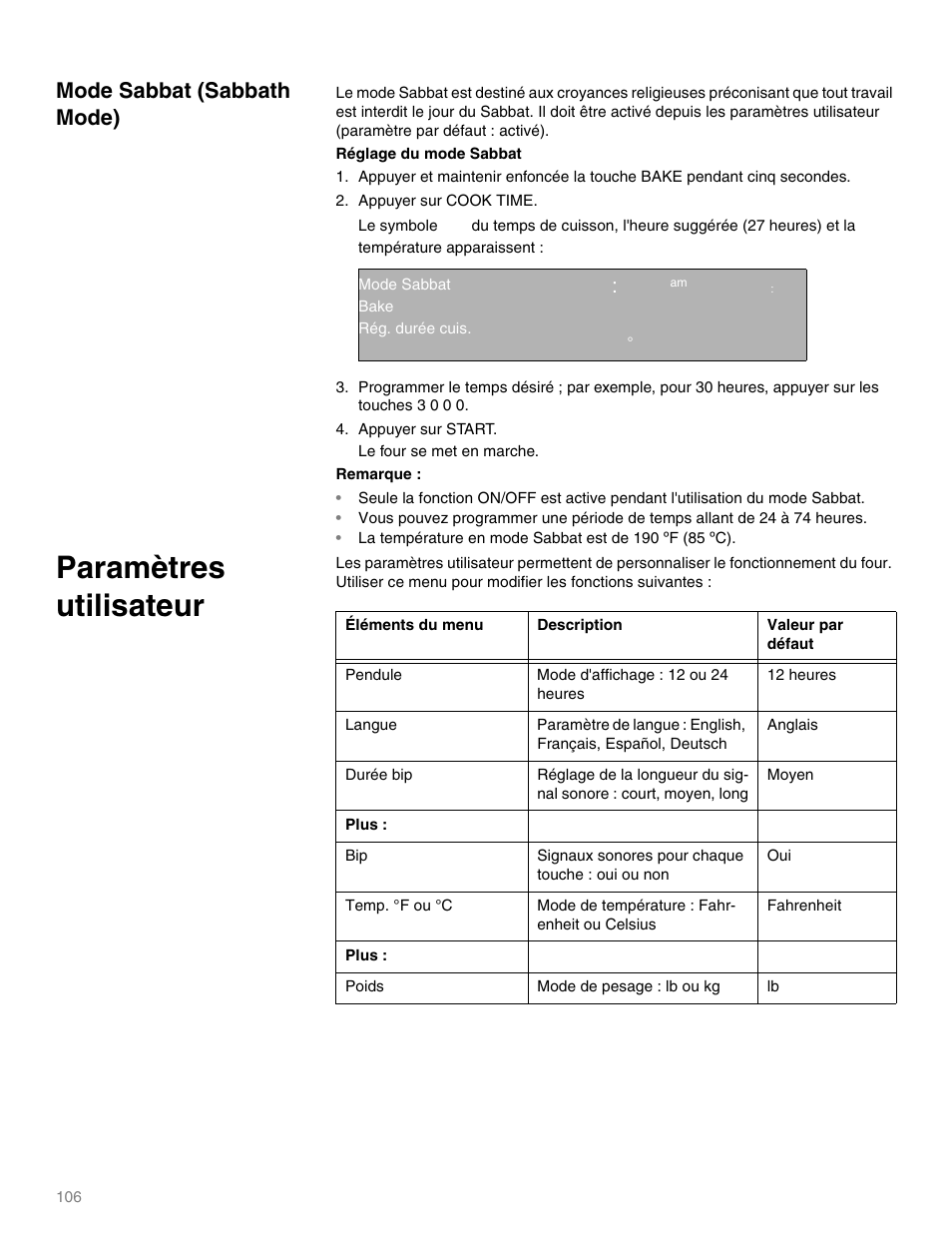 Mode sabbat (sabbath mode), Paramètres utilisateur, Pendule | Mode d'affichage : 12 ou 24 heures, 12 heures, Langue, Anglais, Durée bip, Moyen, Signaux sonores pour chaque touche : oui ou non | Thermador M301E User Manual | Page 106 / 128