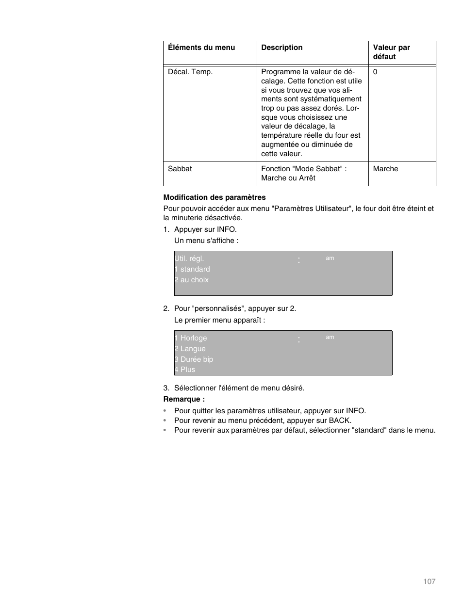 Décal. temp, Sabbat, Fonction "mode sabbat" : marche ou arrêt | Marche, Pour revenir au menu précédent, appuyer sur back, Qq ep | Thermador M301E User Manual | Page 107 / 128