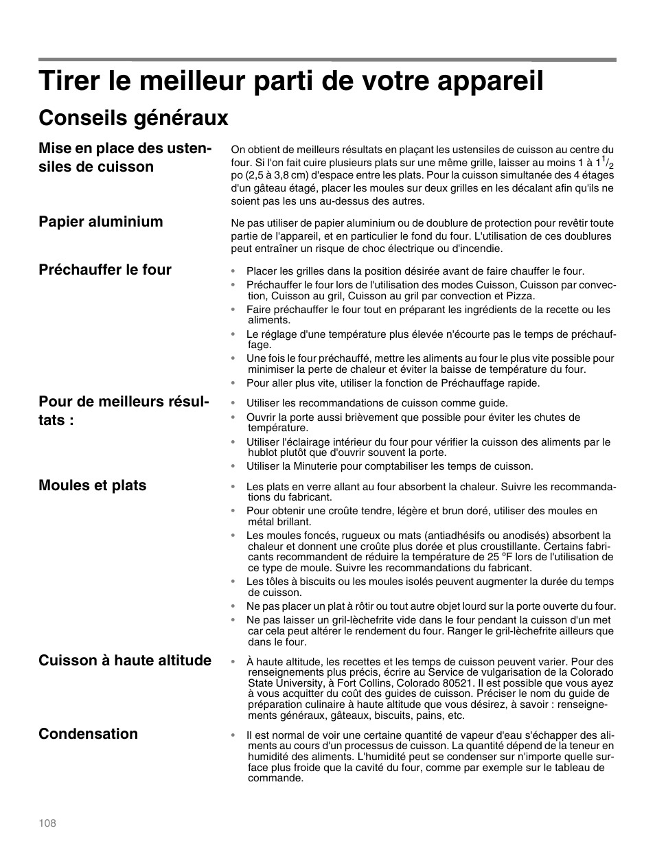 Tirer le meilleur parti de votre appareil, Conseils généraux, Mise en place des usten- siles de cuisson | Papier aluminium, Préchauffer le four, Pour de meilleurs résul- tats, Moules et plats, Cuisson à haute altitude, Condensation | Thermador M301E User Manual | Page 108 / 128