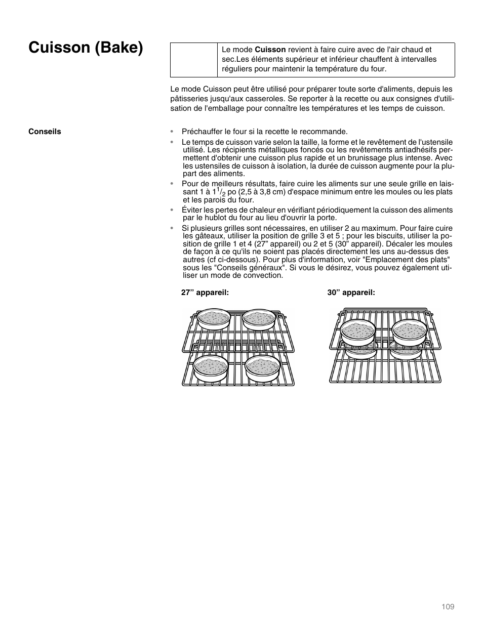 Cuisson (bake), Préchauffer le four si la recette le recommande | Thermador M301E User Manual | Page 109 / 128