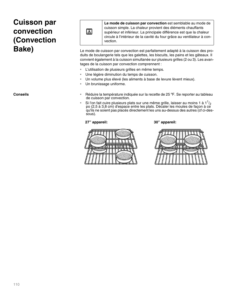 Cuisson par convection (convection bake), L'utilisation de plusieurs grilles en même temps, Une légère diminution du temps de cuisson | Un brunissage uniforme | Thermador M301E User Manual | Page 110 / 128