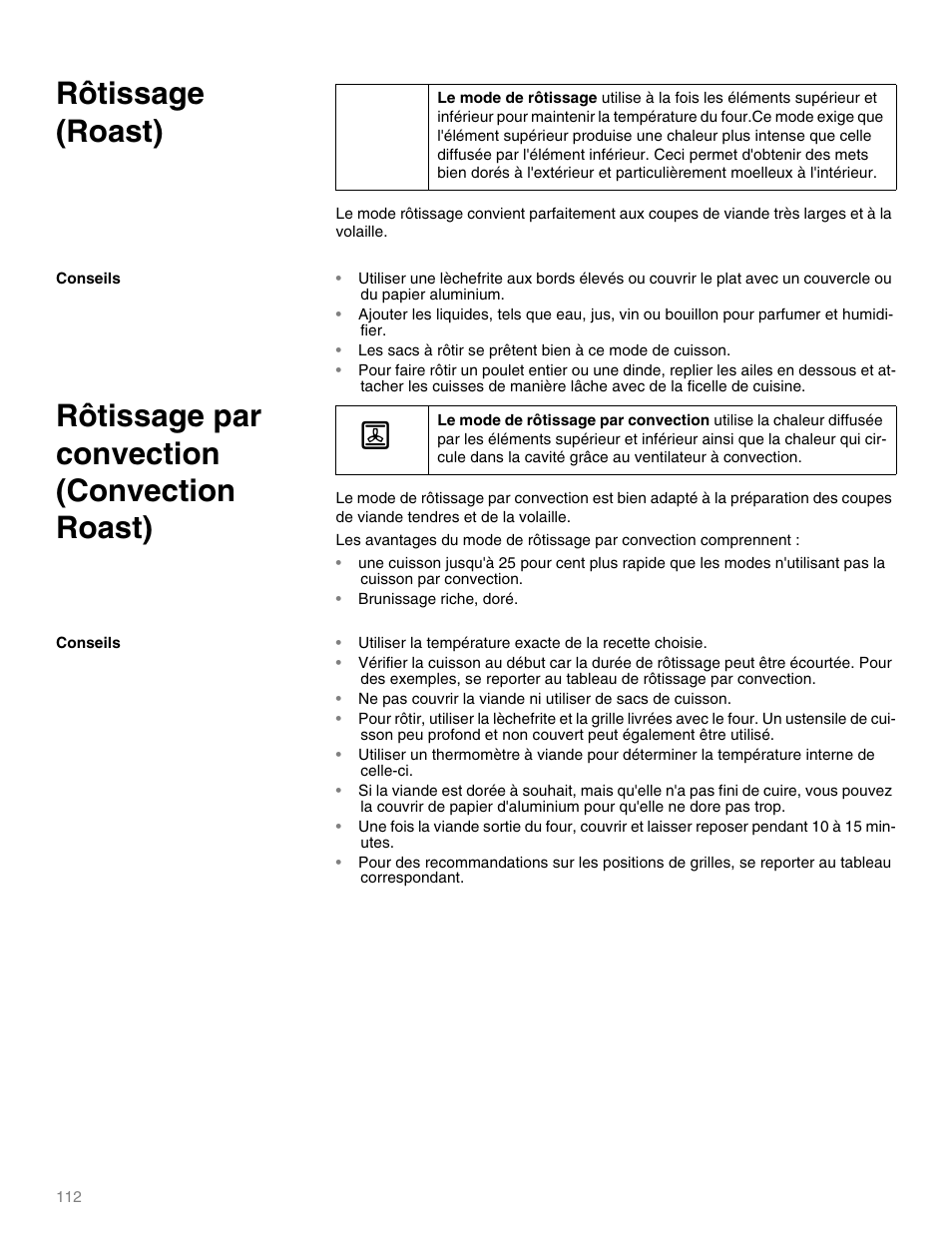 Rôtissage (roast), Rôtissage par convection (convection roast), Brunissage riche, doré | Thermador M301E User Manual | Page 112 / 128