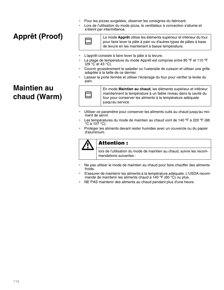 Apprêt (proof), Maintien au chaud (warm), Attention | Pizza | Thermador M301E User Manual | Page 116 / 128