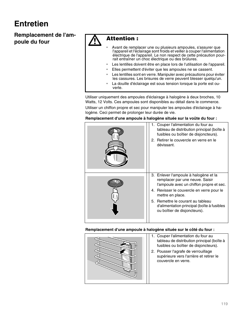 Entretien, Remplacement de l'ampoule du four, Attention | Remplacement de l'am- poule du four | Thermador M301E User Manual | Page 119 / 128