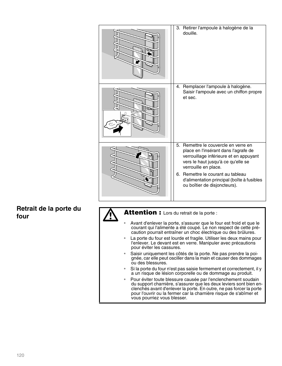 Retrait de la porte du four, Attention : lors du retrait de la porte, Attention | Thermador M301E User Manual | Page 120 / 128