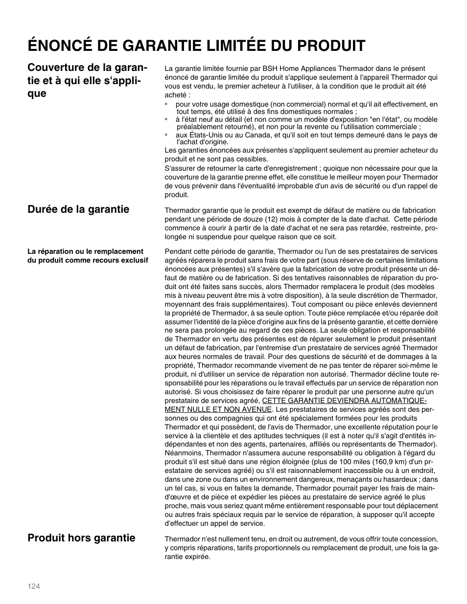 Énoncé de garantie limitée du produit, Durée de la garantie, Produit hors garantie | Thermador M301E User Manual | Page 124 / 128