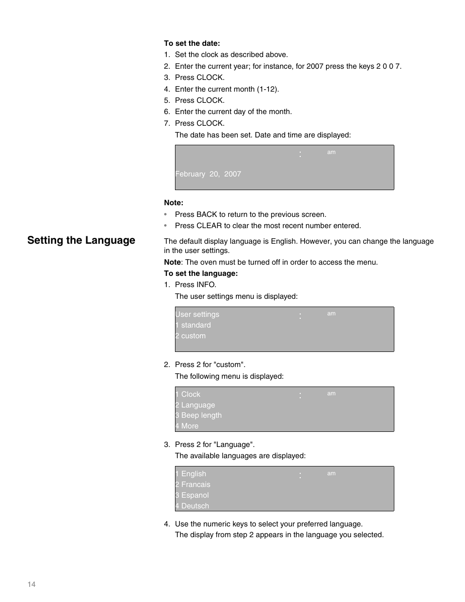 Press back to return to the previous screen, Setting the language, Qq ep | Thermador M301E User Manual | Page 14 / 128