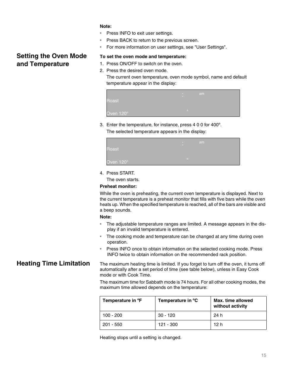 Press info to exit user settings, Press back to return to the previous screen, Setting the oven mode and temperature | Heating time limitation, 24 h, 12 h, Heating stops until a setting is changed, Qq ep | Thermador M301E User Manual | Page 15 / 128