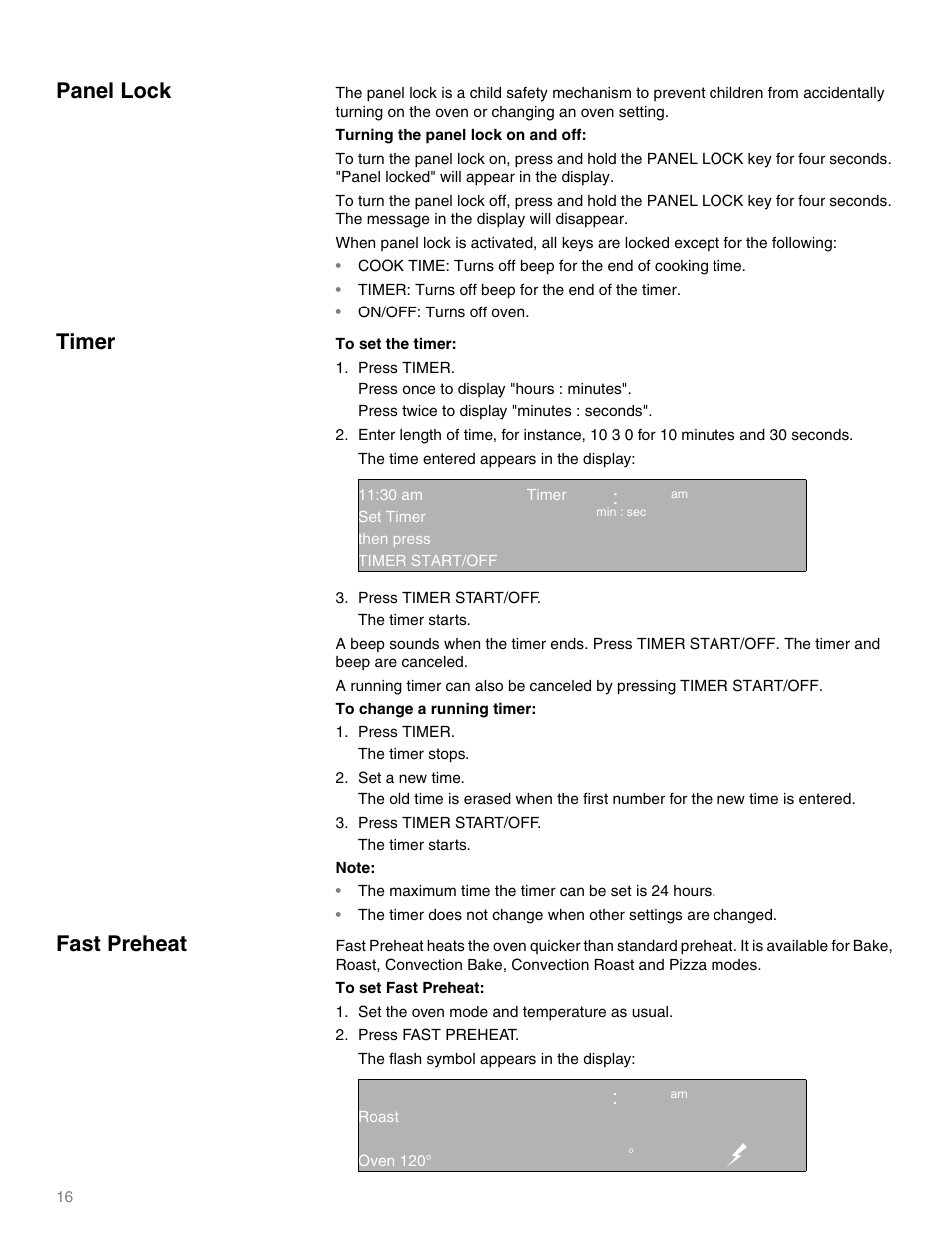 Panel lock, Timer: turns off beep for the end of the timer, On/off: turns off oven | Timer, The maximum time the timer can be set is 24 hours, Fast preheat, Panel lock timer, Qp ep, Qq ep | Thermador M301E User Manual | Page 16 / 128