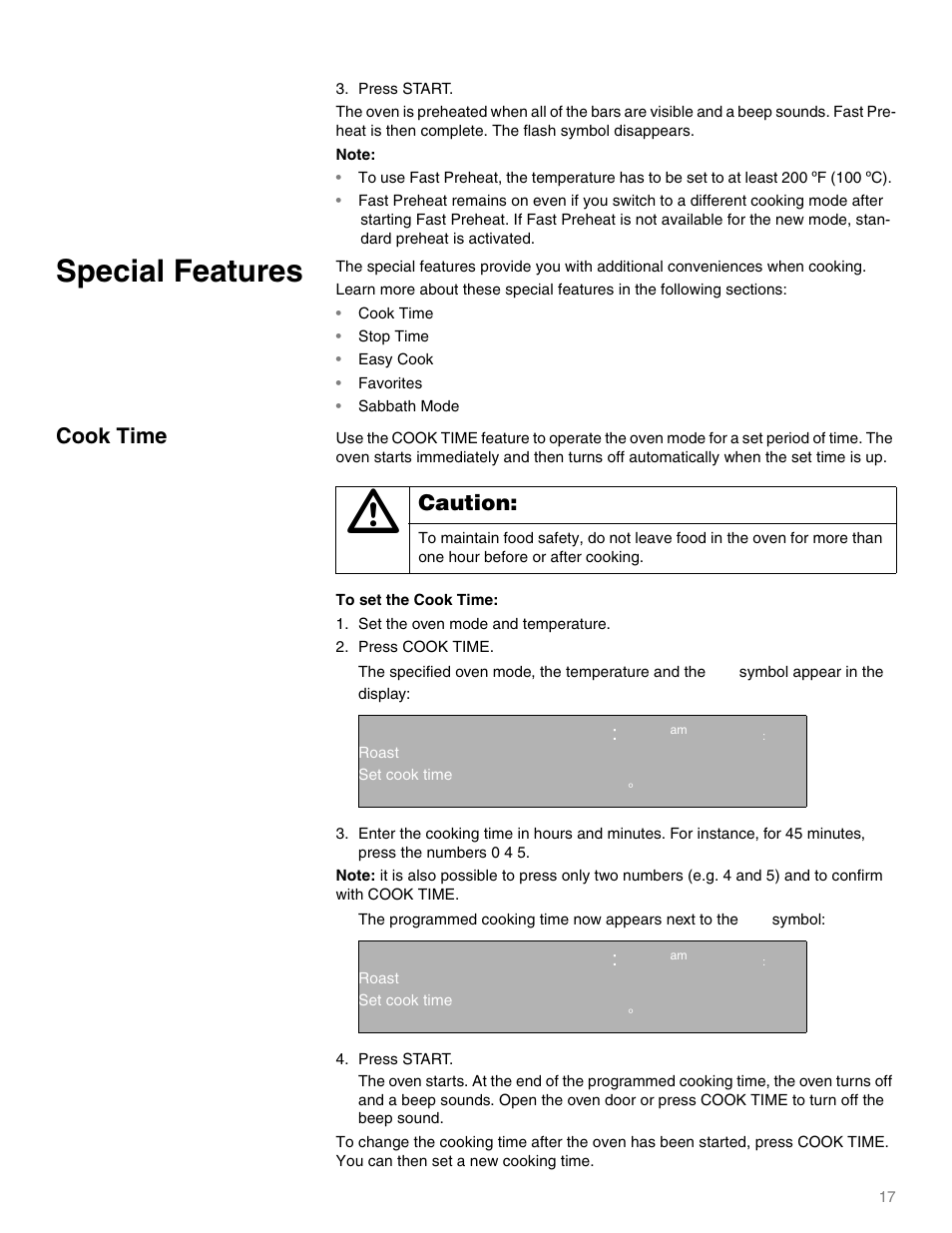 Special features, Cook time, Stop time | Easy cook, Favorites, Sabbath mode, Caution, Qq ep | Thermador M301E User Manual | Page 17 / 128