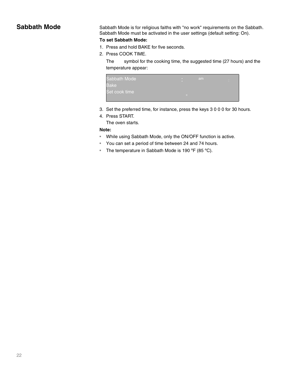 Sabbath mode, The temperature in sabbath mode is 190 ºf (85 ºc), Qq ep | Thermador M301E User Manual | Page 22 / 128