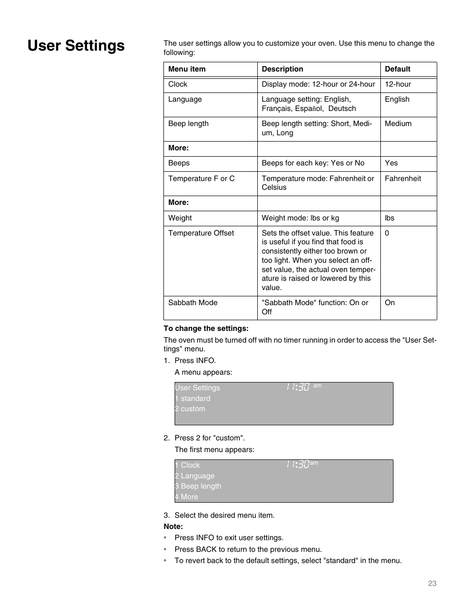 User settings, Clock, Display mode: 12-hour or 24-hour | Hour, Language, English, Beep length, Beep length setting: short, medium, long, Medium, Beeps | Thermador M301E User Manual | Page 23 / 128