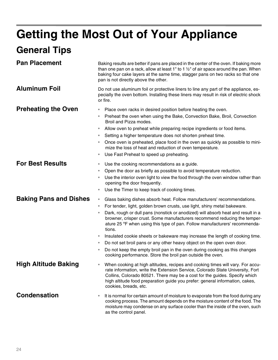 General tips, Use fast preheat to speed up preheating, Use the cooking recommendations as a guide | Use the timer to keep track of cooking times, Getting the most out of your appliance, Pan placement, Aluminum foil, Preheating the oven, For best results, Baking pans and dishes | Thermador M301E User Manual | Page 24 / 128