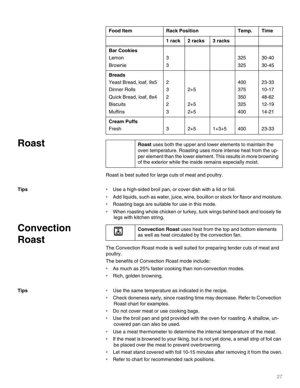 Lemon, Brownie, Yeast bread, loaf, 9x5 | Dinner rolls, Quick bread, loaf, 8x4, Biscuits, Muffins, Fresh, Roast, Roasting bags are suitable for use in this mode | Thermador M301E User Manual | Page 27 / 128