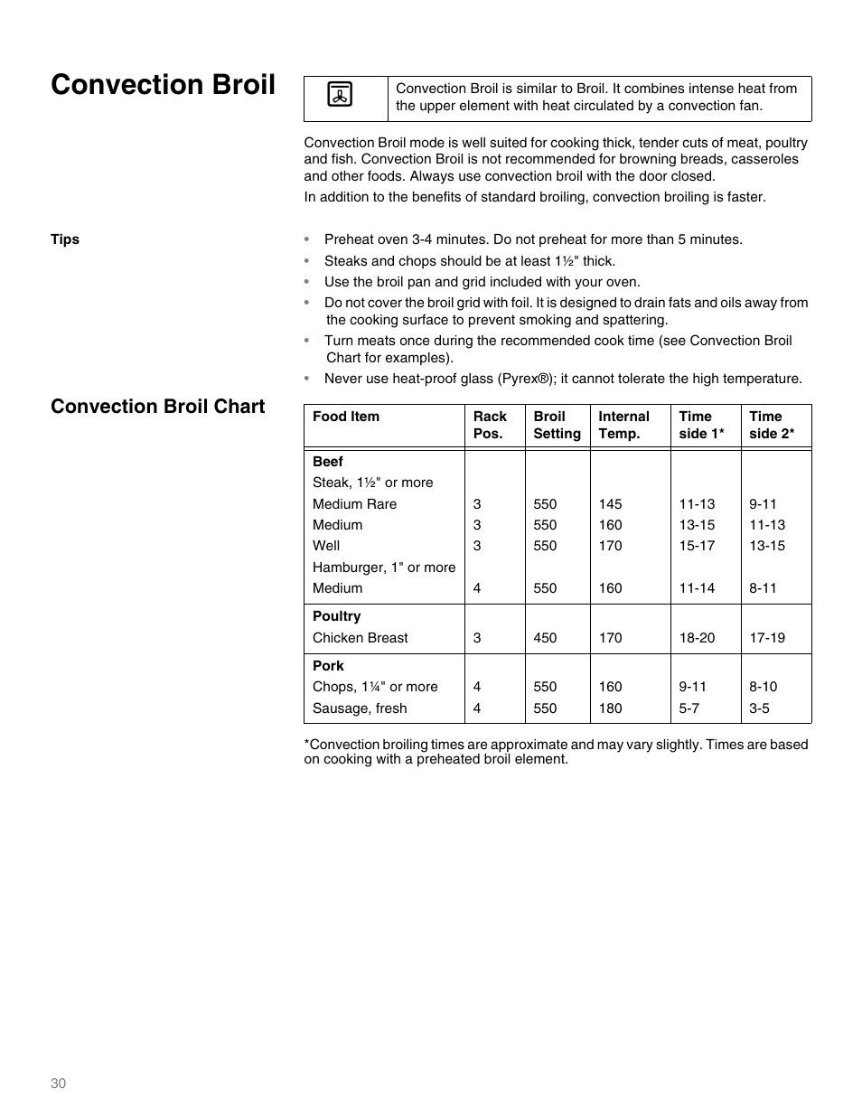 Convection broil, Steaks and chops should be at least 1º" thick, Use the broil pan and grid included with your oven | Steak, 1º" or more, Medium rare, Medium, Well, Hamburger, 1" or more, Chicken breast, Chops, 1¹" or more | Thermador M301E User Manual | Page 30 / 128