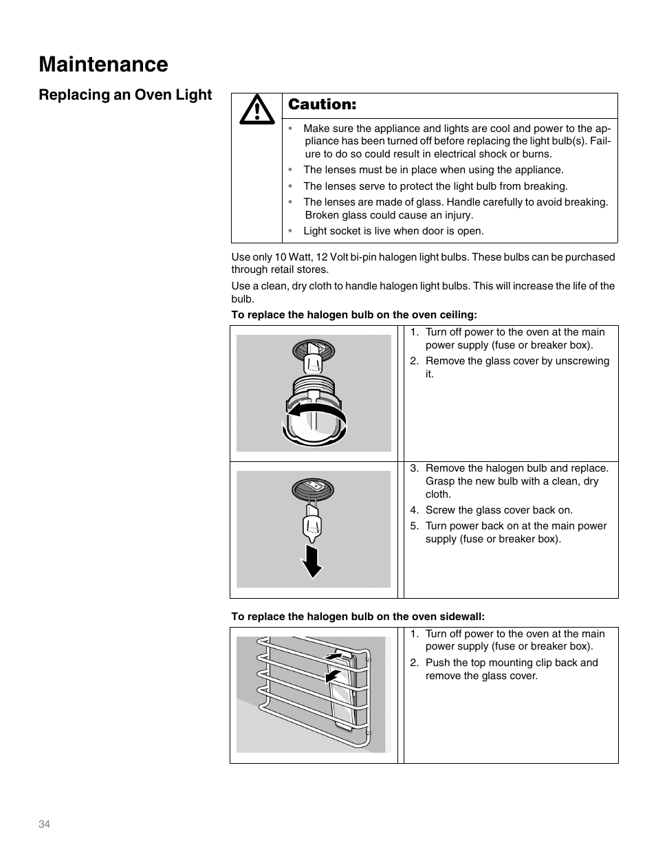 Maintenance, Replacing an oven light, Caution | Light socket is live when door is open | Thermador M301E User Manual | Page 34 / 128