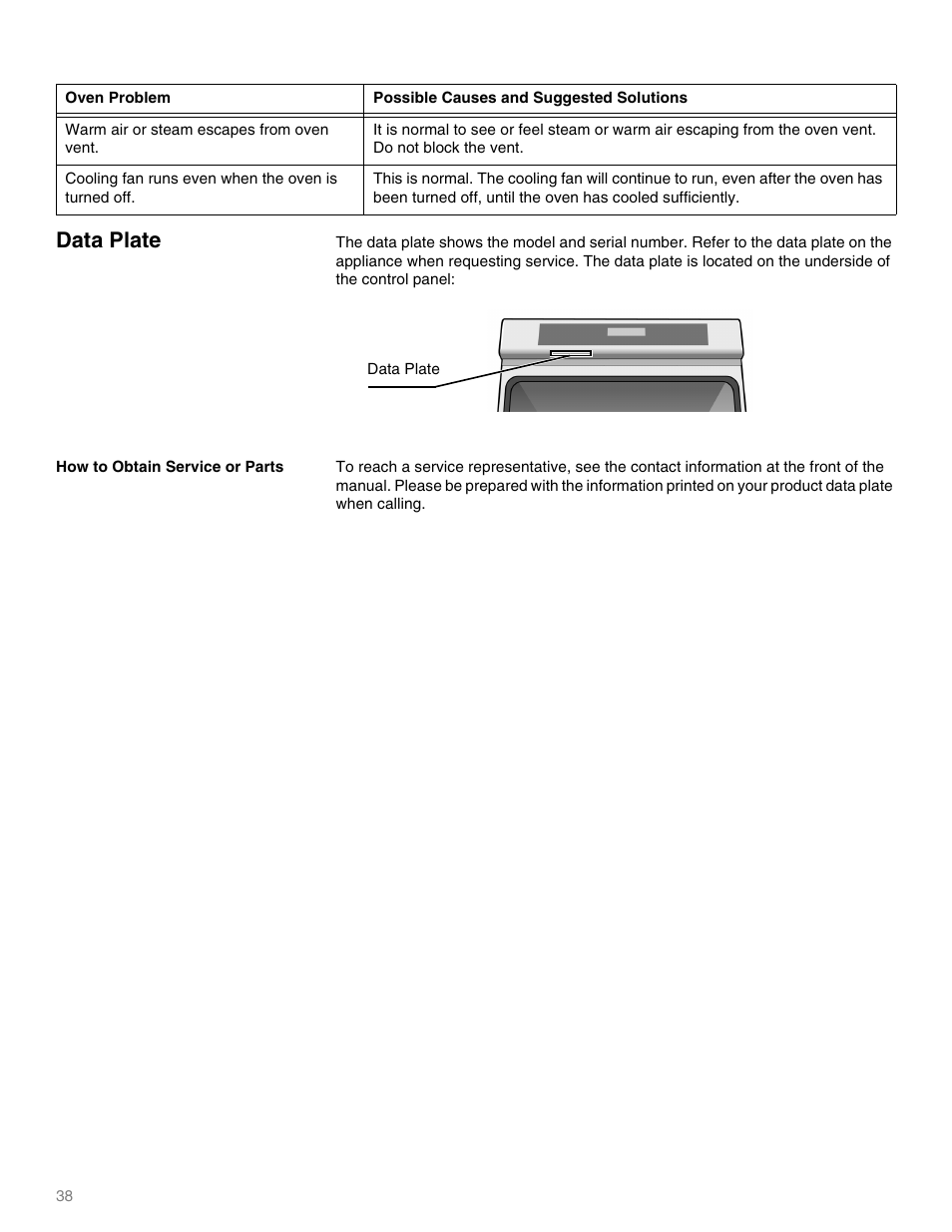 Warm air or steam escapes from oven vent, Cooling fan runs even when the oven is turned off, Data plate | Thermador M301E User Manual | Page 38 / 128