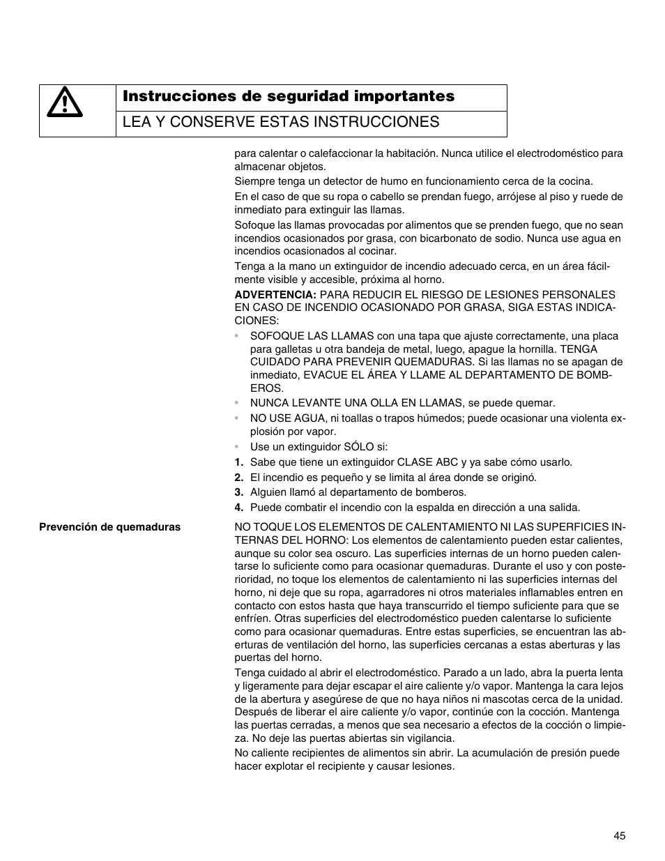 Alguien llamó al departamento de bomberos, Prevención de quemaduras | Thermador M301E User Manual | Page 45 / 128