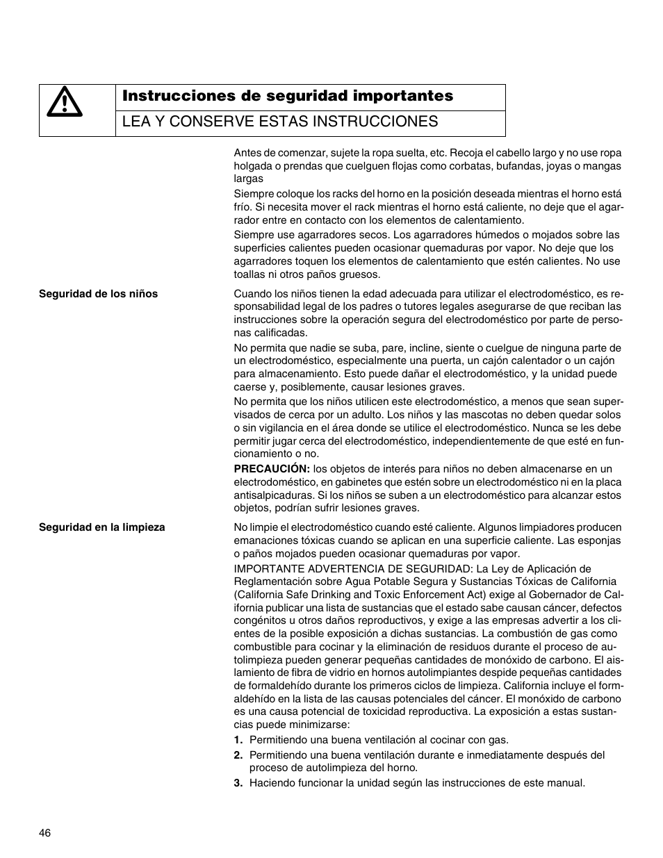 Seguridad de los niños, Seguridad en la limpieza | Thermador M301E User Manual | Page 46 / 128