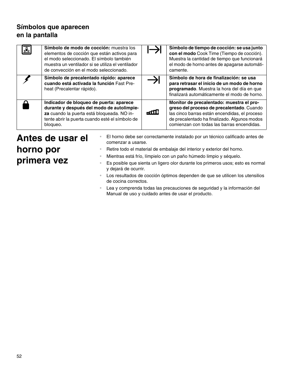 Símbolos que aparecen en la pantalla, Antes de usar el horno por primera vez | Thermador M301E User Manual | Page 52 / 128