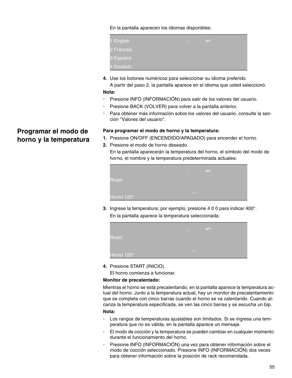 Qq:ep am, Programar el modo de horno y la temperatura, Qq ep | Thermador M301E User Manual | Page 55 / 128