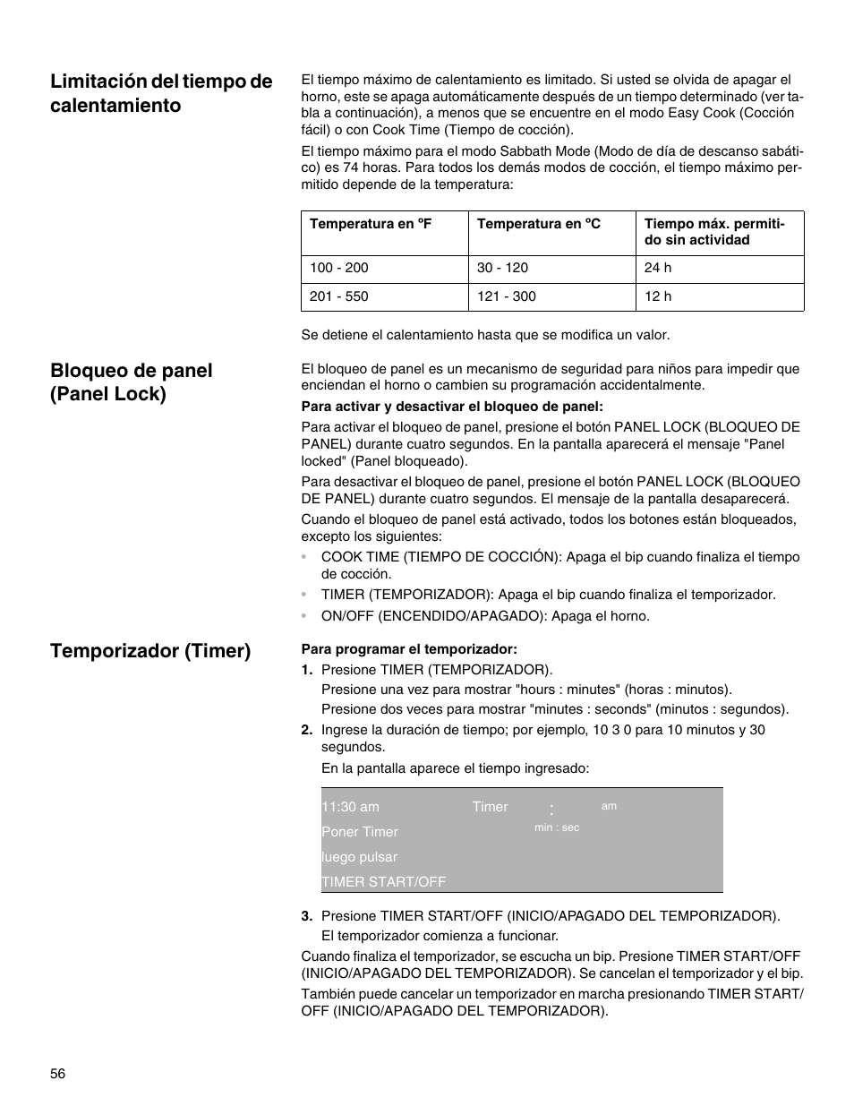 Limitación del tiempo de calentamiento, Bloqueo de panel (panel lock), Temporizador (timer) | Qp:ep am, Qp ep | Thermador M301E User Manual | Page 56 / 128