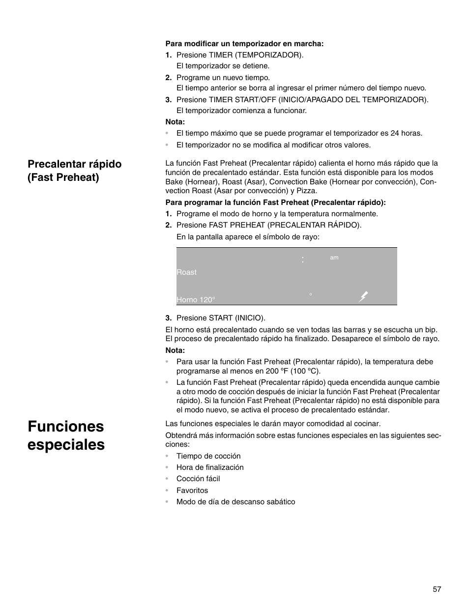 Precalentar rápido (fast preheat), Presione fast preheat (precalentar rápido), Qq:ep am | Presione start (inicio), Funciones especiales, Qq ep | Thermador M301E User Manual | Page 57 / 128