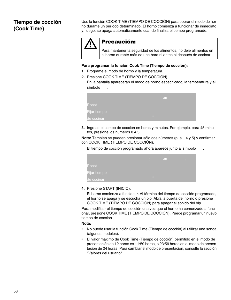 Tiempo de cocción (cook time), Programe el modo de horno y la temperatura, Presione cook time (tiempo de cocción) | Qq:ep am 1 p:pp, Qq:ep am 1 p:rt, Presione start (inicio), Qq ep, Precaución | Thermador M301E User Manual | Page 58 / 128