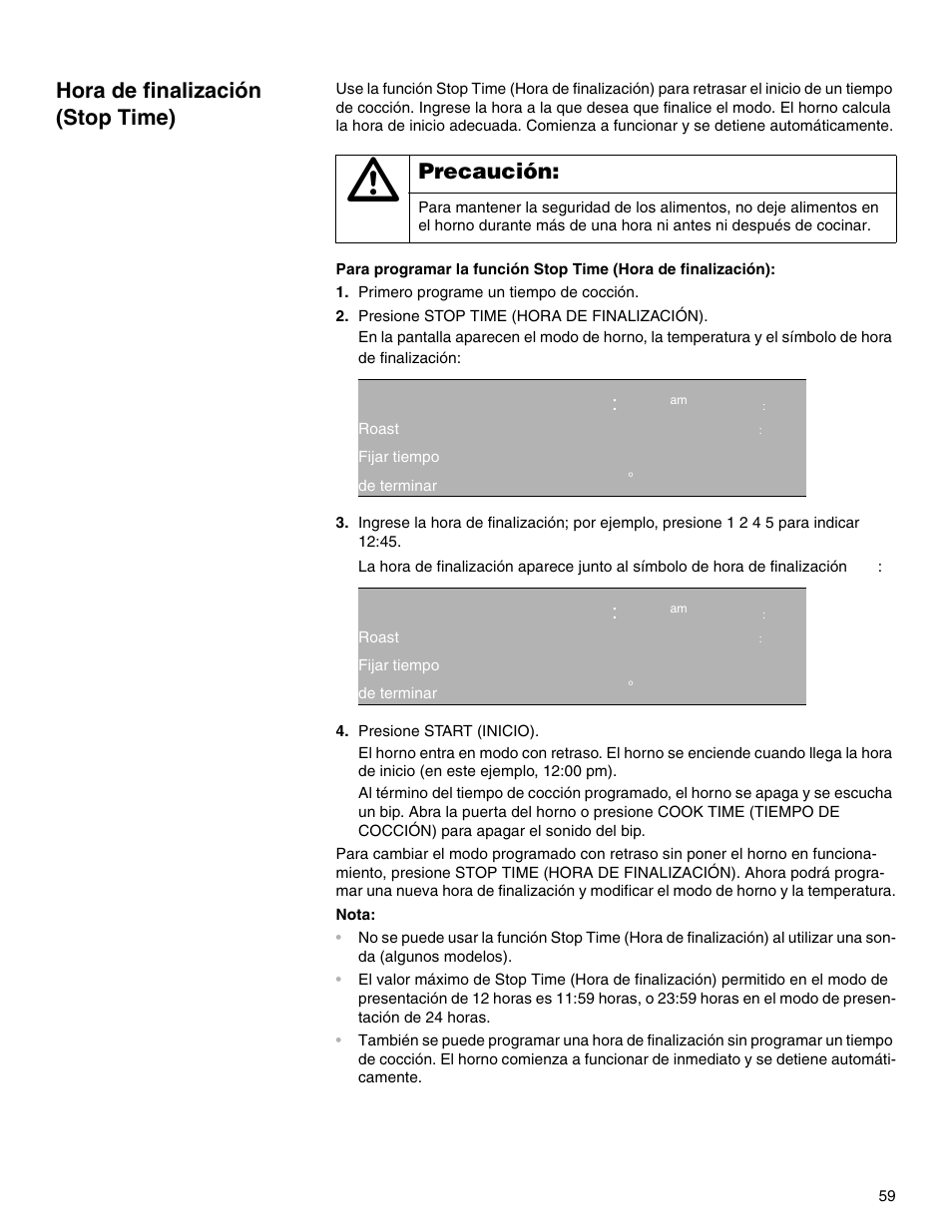 Hora de finalización (stop time), Qq:ep am 1 p:rt, Qq ep | Precaución | Thermador M301E User Manual | Page 59 / 128