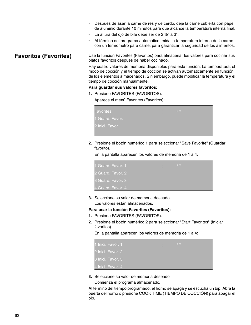 Favoritos (favorites), Qq:ep am, Qq ep | Thermador M301E User Manual | Page 62 / 128