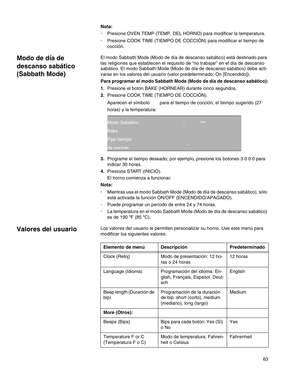 Modo de día de descanso sabático (sabbath mode), Qq:ep am 1 wu:pp, Valores del usuario | Qq ep | Thermador M301E User Manual | Page 63 / 128