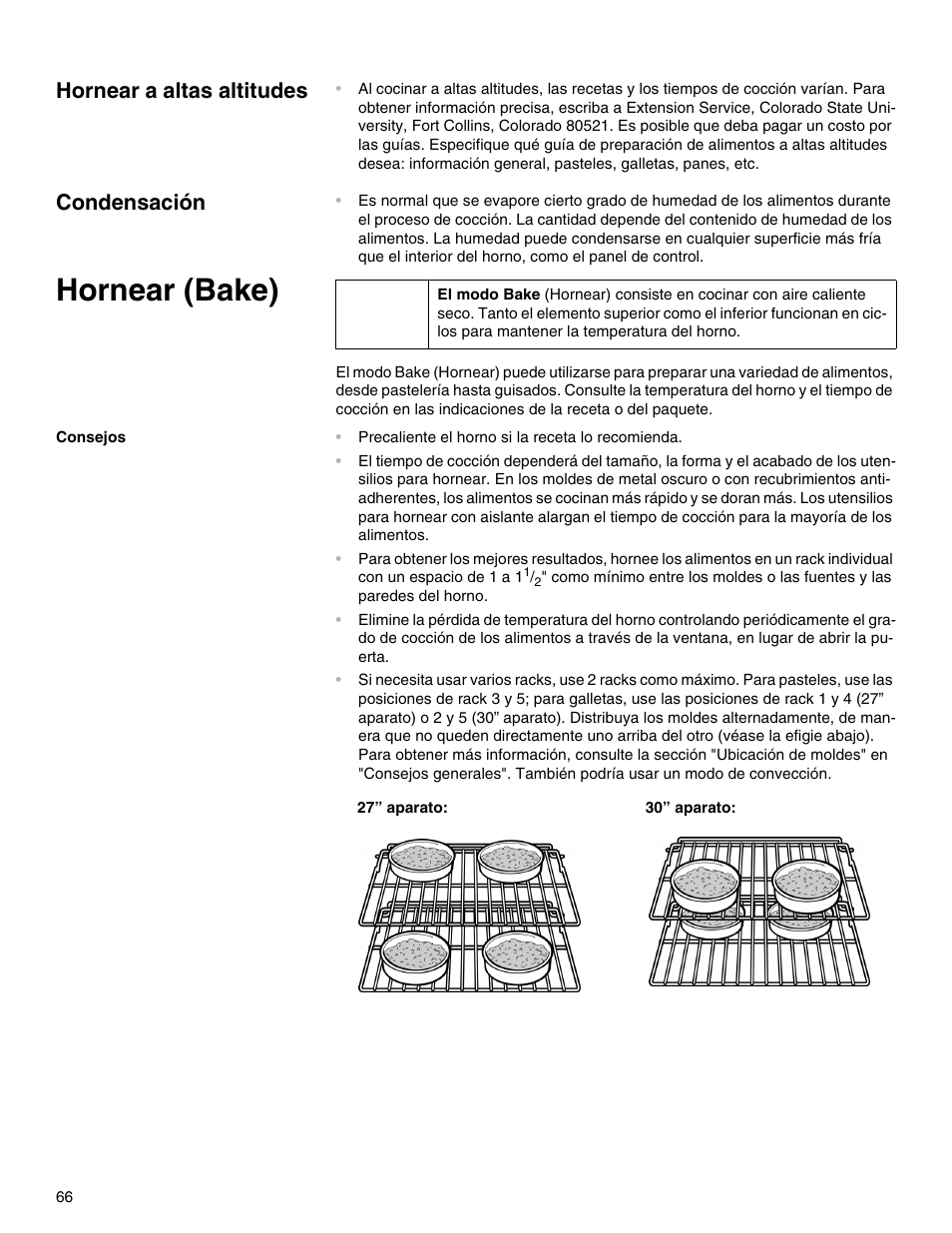 Hornear a altas altitudes, Condensación, Hornear (bake) | Consejos | Thermador M301E User Manual | Page 66 / 128