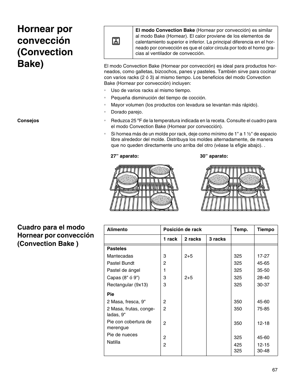 Hornear por convección (convection bake), Consejos | Thermador M301E User Manual | Page 67 / 128