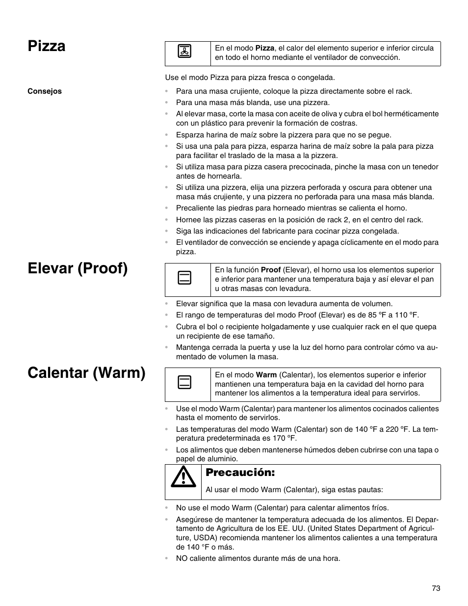 Pizza, Consejos, Elevar (proof) | Calentar (warm), Precaución | Thermador M301E User Manual | Page 73 / 128