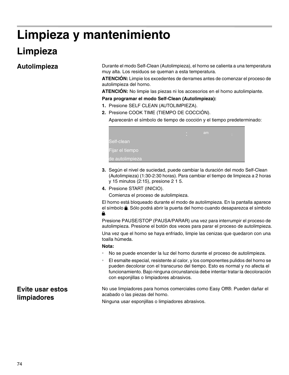 Limpieza y mantenimiento, Limpieza, Autolimpieza | Qq:ep am 1 w:ep, Evite usar estos limpiadores, Autolimpieza evite usar estos limpiadores, Qq ep | Thermador M301E User Manual | Page 74 / 128