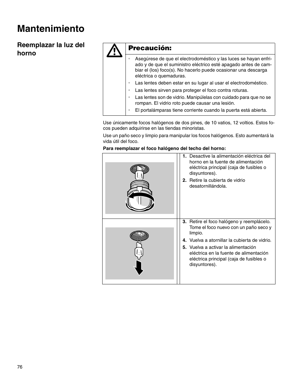 Mantenimiento, Reemplazar la luz del horno | Thermador M301E User Manual | Page 76 / 128