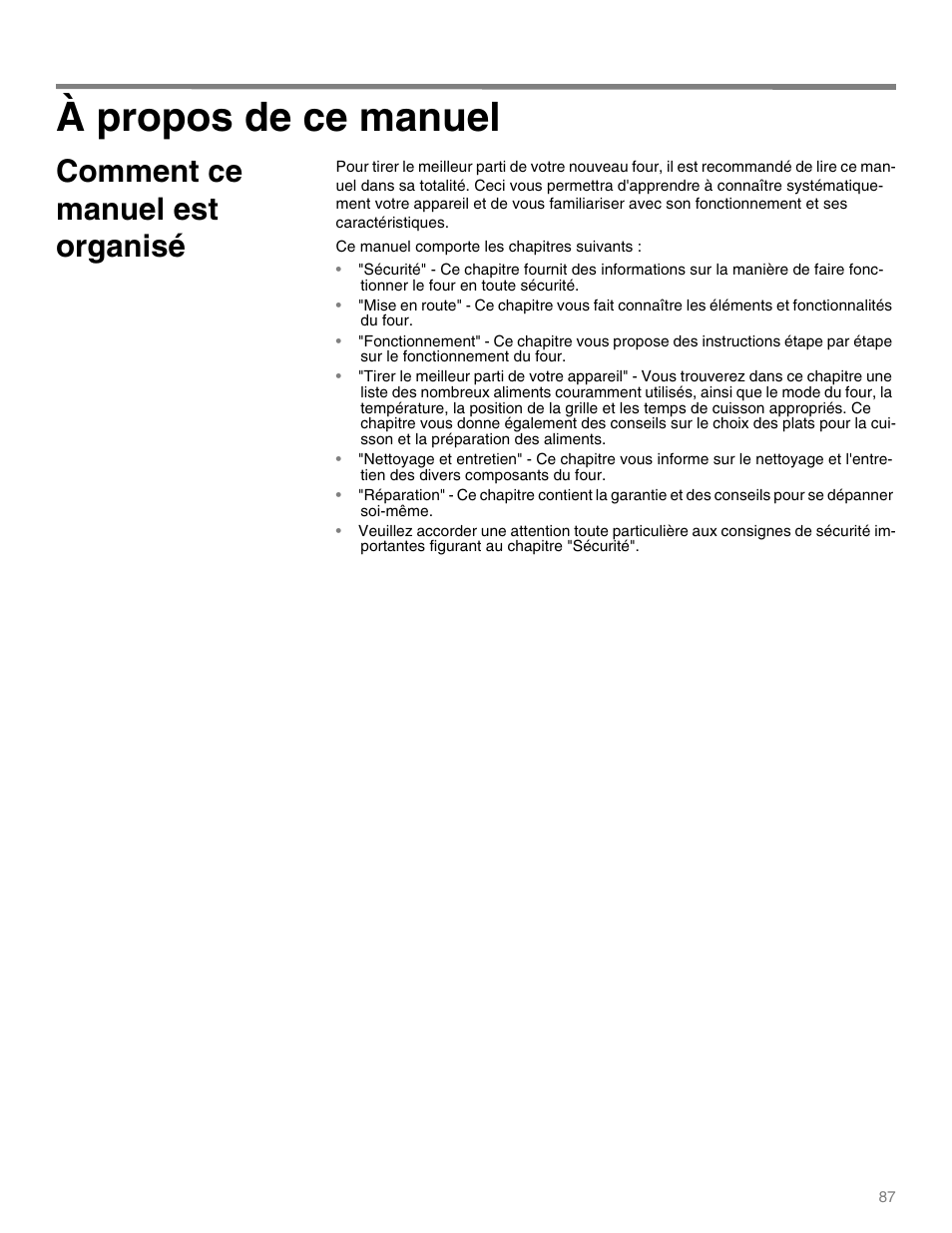 À propos de ce manuel, Comment ce manuel est organisé, Ce manuel comporte les chapitres suivants | Thermador M301E User Manual | Page 87 / 128