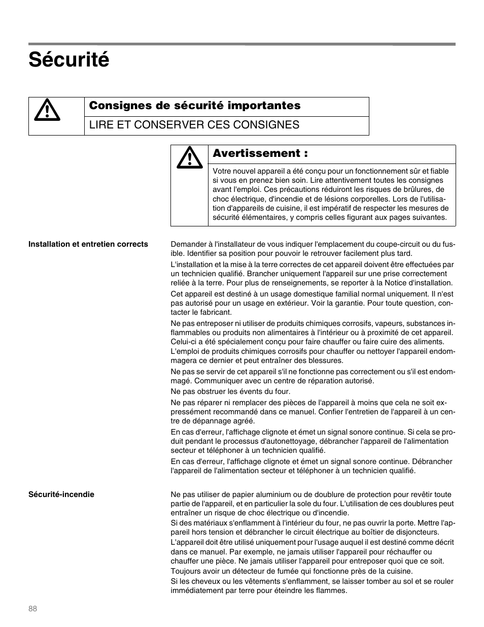 Sécurité, Consignes de sécurité importantes, Lire et conserver ces consignes | Avertissement, Ne pas obstruer les évents du four | Thermador M301E User Manual | Page 88 / 128