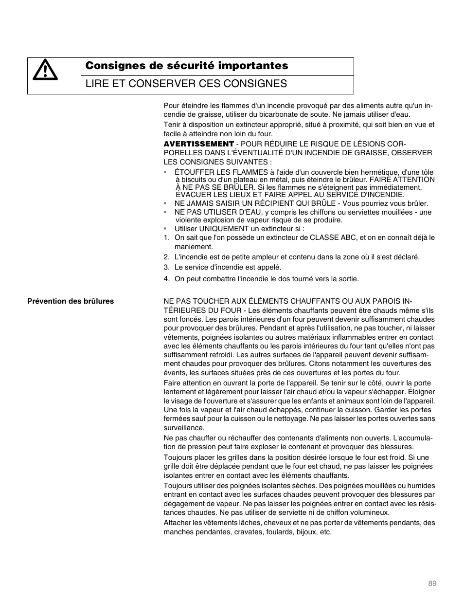 Consignes de sécurité importantes, Lire et conserver ces consignes, Utiliser uniquement un extincteur si | Thermador M301E User Manual | Page 89 / 128